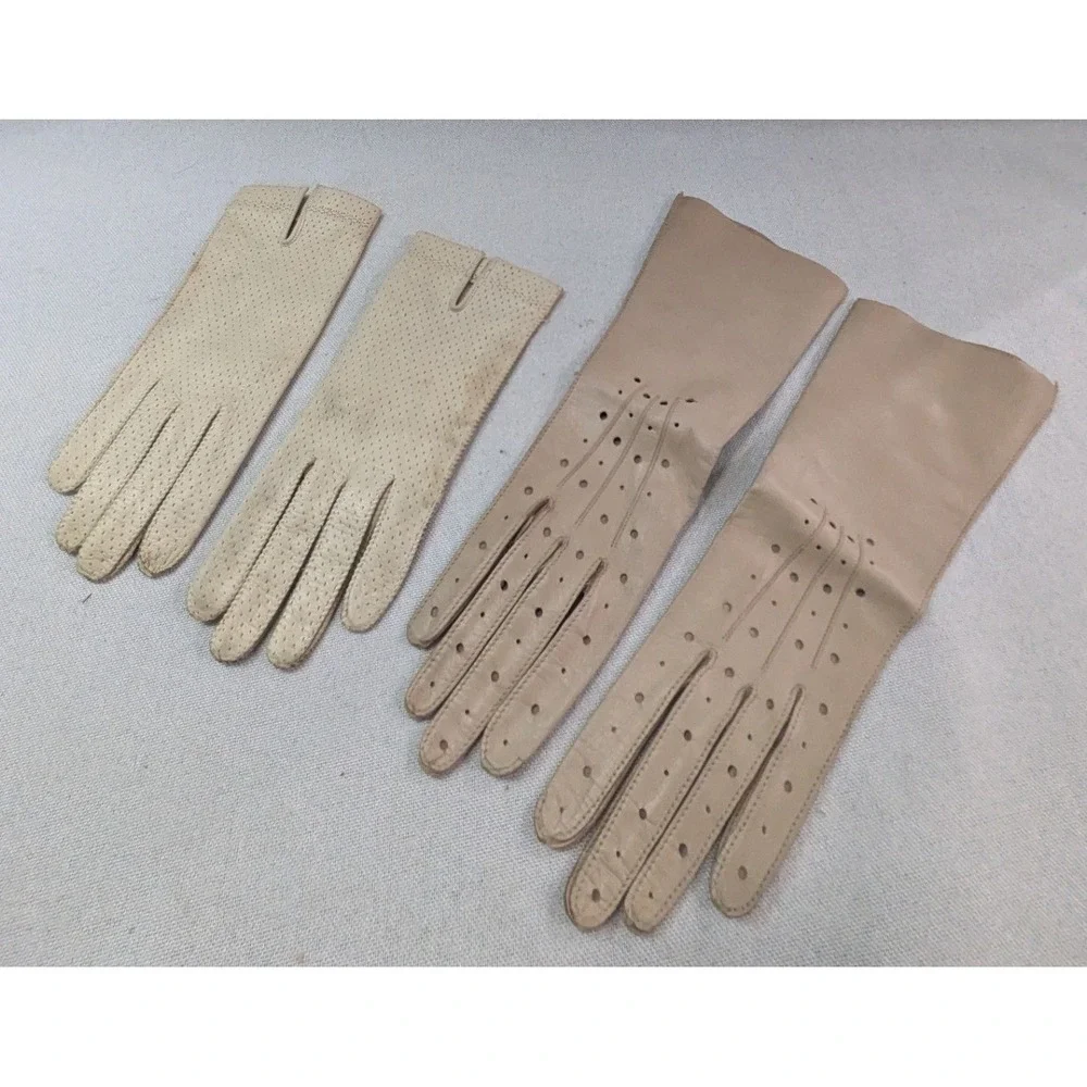 Leather Gloves Women SM Cream Tan Fair Vintage Perforated 2 Pair Set